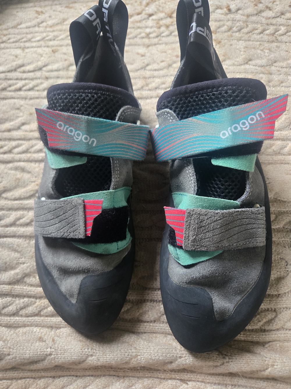 La Sportiva Aragon Rock Climbing Shoes in Gray with Teal & Pink Accents
